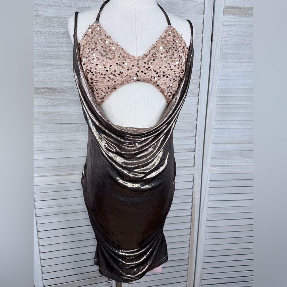 MICAS Backless Tie Up Sequin Mini Dress Pure Gold-XL